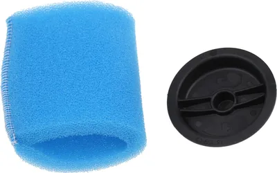 A blue foam filter and a black plastic cap are shown on a white background.