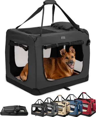 Image de lionto Caisse de transport pour chiens pliable, caisse robuste en tissu avec inserts en maille, idéale pour la voiture, le voyage & le vétérinaire, 82x58x58 cm, noir