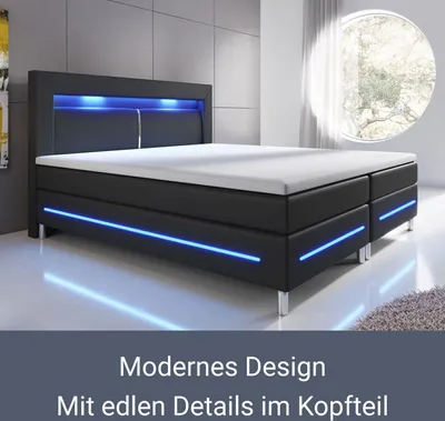 Produktbild von Juskys Boxspringbett Norfolk 180 x 200 cm – LED Beleuchtung, Bonell-Matratzen, Topper & Kunstleder – 66 cm Komforthöhe – schwarz – Bett Doppelbett
