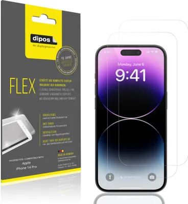 Produktbild von 2x Schutzfolie für Apple iPhone 14 Pro Folie, 100% Displayabdeckung, dipos Flex