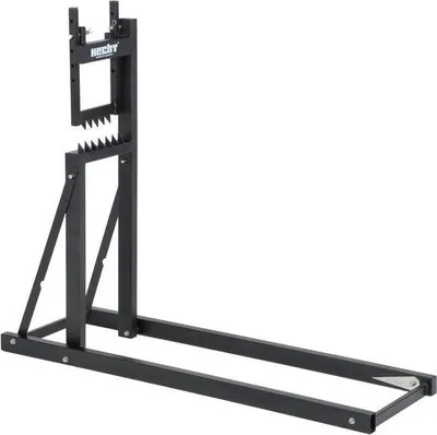 A black metal log cutting stand is shown against a white background.