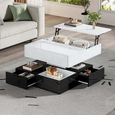 Produktbild von Couchtisch mit 360°drehbarer Tischplatte,Doppelschicht Wohnzimmertisch mit 3 Schubladen anhebbarer Sofatisch Beistelltisch mit Stauraum