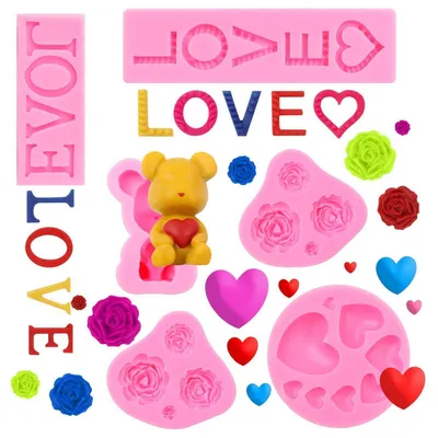 Produktbild von 6er Set Silikonformen Valentinstag Bär Blume Herz LOVE Fondant Schokolade Kuchen Deko