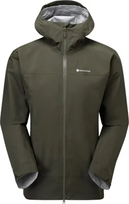 Hardshelljacke für Herren in Olivgrün von Montane; mit Kapuze und Reißverschluss.