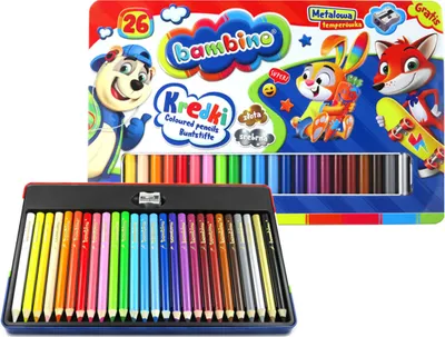 Produktbild von ST. MAJEWSKI BAMBINO Buntstifte 26 Farben + Anspitzer, metallene Verpackung