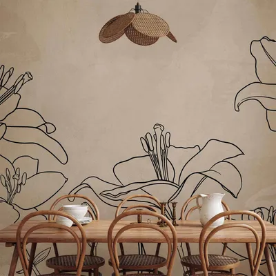 Produktbild von Vlies Fototapete - Sketch of nature - minimalist lineart with lily flowers on a beige background 450x315 cm Blätter b-A-10131-a-a