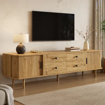 Produktbild von Moonbite TV-Lowboard 165 cm Holzfarben, TV-Schrank 4 Schubladen 2 Schiebetüren, abgerundete Ecken Massivholzbeine, MDF-Platte, Holzfarben