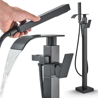 Produktbild von Badewannenarmatur Ari freistehend, 360 Grad schwenkbare Auslauf, Keramikkartusche, Handbrause, schwarz matt, Bodenmontage