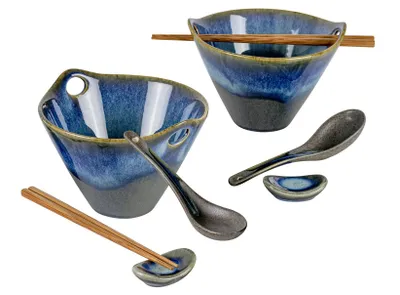 Keramik-Suppenschalen-Set, 2 x 600 ml, mit Löffeln und Essstäbchen