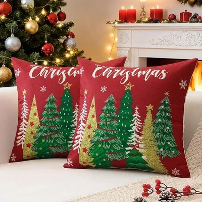 Produktbild von Unyqoos® 2er-Set Weihnachts-Kissenhüllen 45 x 45 cm, Polyester-Leinen, dekorative Kissenbezüge mit weihnachtlichem Motiv und verdecktem Reißverschluss