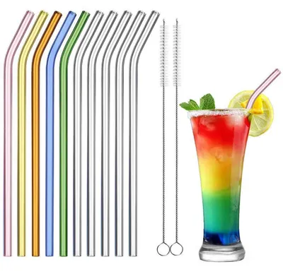 Zdjęcie produktu dla Zestaw 10 sztuk wielorazowych słomek szklanych, zakrzywionych, o długości 21,1 cm, z 2 szczoteczkami do czyszczenia, nadających się do mycia w zmywarce, przezroczyste/kolorowe