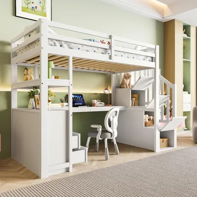Produktbild von okwish Hochbett 90x200 Kinderbett mit Stauraumleiter,Hochbett mit Rausfallschutz,Massivholzbett Bettgestell mit Lattenrost und Regal,Weiß(mit Matratze)