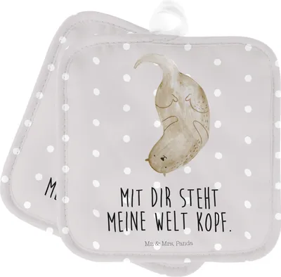 Produktbild von Mr. & Mrs. Panda Topflappen Otter Kopfüber - Grau Pastell - Geschenk, topfhalter, Verknallt, Doppel, Topfuntersetzer, Liebesgeschenk, Niedlich, Liebe, Verliebt, Seeotter