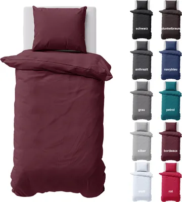 Produktbild von Bettwäsche 155x220 cm Bettbezug 100%Baumwolle Renforce Einfarbig Bettgarnitur Set Bordeaux 2 teilig
