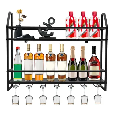 Produktbild von Weinregale 2-Lagiger Flaschenregal Wandbefestigung Weinglashalter Wand Regal mit Glashalter Schwarz