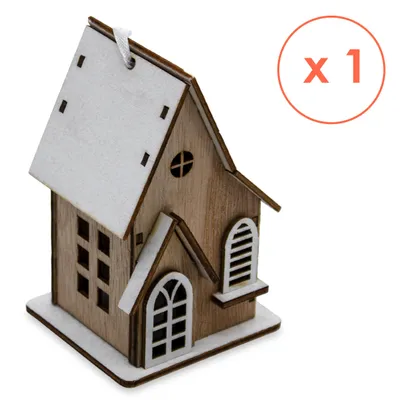 Immagine prodotto di Casetta di Natale in legno a LED da 10 cm da appendere con batteria inclusa - set di 4 - villaggio natalizio decorativo con illuminazione in bianco caldo