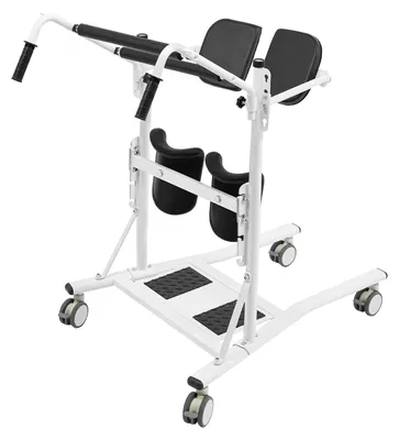 Image de Levage de patients en position debout - Siège de transfert - Capacité de charge : 120 kg - Coussin de siège et de genoux, 3 niveaux, 5 cm par niveau - Roulettes pivotantes à 360° - Noir et blanc