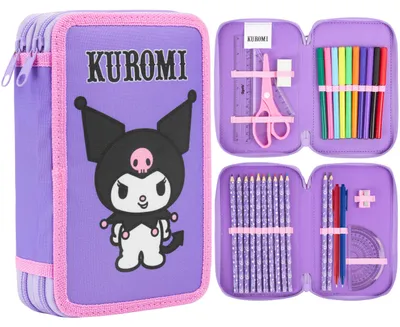 Image de Étui à crayons Hello Kitty pour filles, pochette remplie de fournitures scolaires : crayons de couleur, feutres et bien plus. Idée cadeau Cinnamoroll, Kuromi, Sanrio (multicolore, Kuromi)