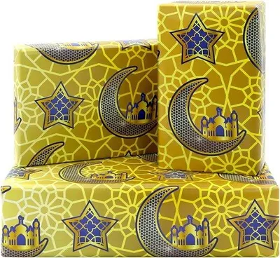 Productafbeelding van Famanu Geschenkpapier, goud, "Eid Mubarak" – 4 vellen met een maan- en sterrenmotief