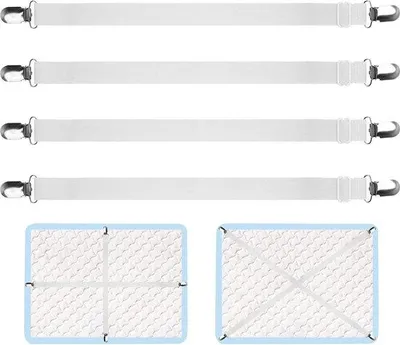 Obrázek produktu pro Nastavitelné spony na prostěradlo (70–230 cm), upevňovací pásky na postel, pohovku, sušák na prádlo (bílé, sada 4 ks)