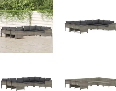 Produktbild von vidaXL 9 tlg. Garten Lounge Set mit Kissen Grau Poly Rattan - Garten Lounge Set - Garten Lounge Sets - Lounge Set - Gartenmöbel Set
