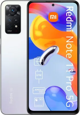 A marketing image of a white Xiaomi Redmi Note 11 Pro 5G smartphone, displaying its features.