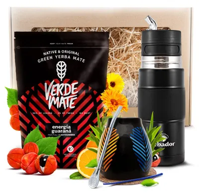 Produktbild von Verde Mate - Mate Tee Geschenkset Guarana 400g - Dicke Blätter 5mm - Luftgetrocknet - Yerbomos 3in1 Thermoskanne 450ml - Mate Becher 350ml - Bombilla