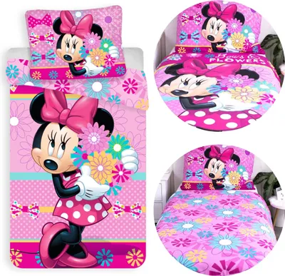 Obrázek produktu pro DISNEY Minnie Mouse Růžová, OBOUSTRANNÁ, dětské povlečení, květinový vzor, zip, 100 % BAVLNA 140x200+50x70 cm OEKO-TEX
