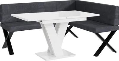 Produktbild von MEBLINI Eckbank für Esszimmer mit ausziehbarem Tisch  - Küchenbank - Essecke - Sitzecke Küche - PETER - X-Beine 128x168x87cm Rechts - Dunkelgrau Samt/M Weiß Hochgl.