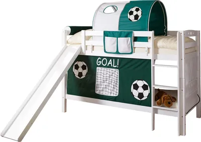 Produktbild von Etagenbett mit Rutsche Doppelbett Lupo Buche massiv Weiss, Vorhangstoff:Goal