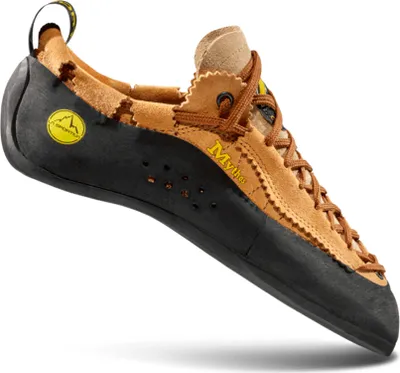 Schnür-Kletterschuh "Mythos" von La Sportiva in braun und schwarz; mit Gummi-Sohle und Belüftungslöchern.