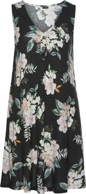 Produktbild von LASCANA Strandkleid mit Zierknöpfen am Ausschnitt und Blumendruck, Jerseykleid schwarz-bedruckt Größe 40