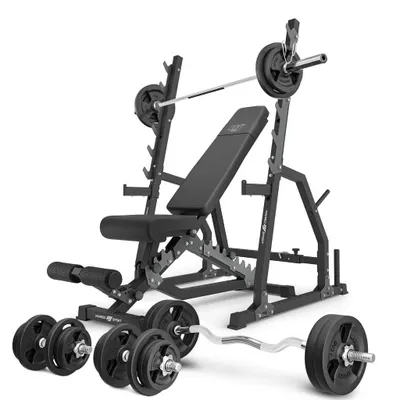 Immagine prodotto di Marbo Sport - Set MS3_2.0_113KG | Panca bifacciale + rastrelliera per manubri regolabile con rastrelliera di emergenza e regolazione della distanza + set di barre e piastre pesi 113 kg