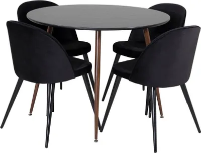 Produktbild von PlazaBLWA100 Essgruppe Esstisch schwarz und 4 Velvet Esszimmerstühle Velour schwarz.