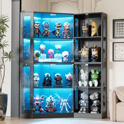 Produktbild von Glasvitrine Eckvitrine 4-stöckiger Eckglasanzeigeschrank mit LED&Offene Regale 165cm, griffloses Design, hält 20 kg je Regal – für Spielzeug, Bücher