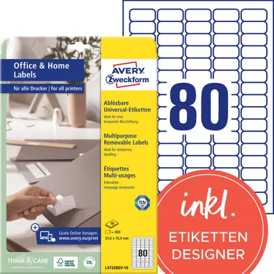 Produktbild von Avery Zweckform L4732REV-10 Etiketten, ablösbar, Home Office, Kleinpackung, A4 35,6 x 16,9 mm, weiß