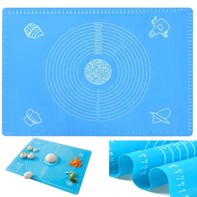 Produktbild von Silikon-Backmatte 64,5 x 45 cm, rutschfeste Backmatte, große Antihaft-Teigmatte, Ausrollmatte, Silikonmatte, Pizza- und Fondant-Teigmatte mit Messskala, blau