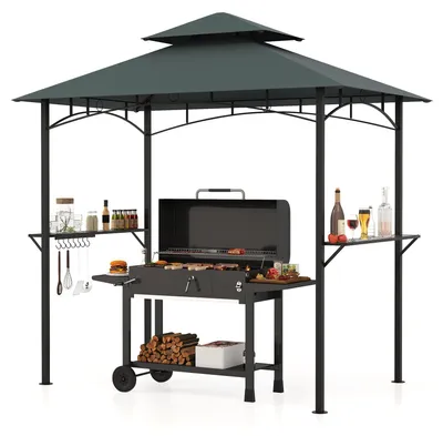 Produktbild von COSTWAY Grillpavillon wetterfest, Grillüberdachung mit Doppeldach, Seitenregalen & 7 Haken, Grillunterstand Pavillon Metallrahmen, 240x151x255cm Grau