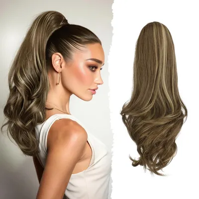 Productafbeelding van Haarverlenging in paardenstaartstijl, met clip, golvend, 41 cm, lichtbruin met asblond