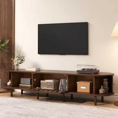 Obrázek produktu pro Oválný televizní stojan, ořechové dřevo, ratanový design, s posuvnými a výklopnými dvířky, vyrobený z MDF