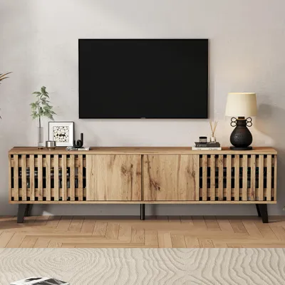 Obrázok produktu pre Merax TV skrinka 180 cm s 8 priehradkami a 4 dvierkami, nízka skrinka vo vzhľade dreva na 70-palcový TV, obývačková skrinka, moderný dizajn, prírodná farba