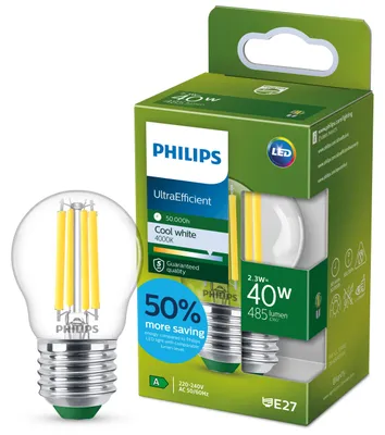Produktbild von Philips Filament-Lampe Tropfenform, klar, 40 W P45 E27, 2,3 W, 40 W, E27, 485 lm, 50000 h, Kaltweiße