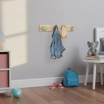 Image de Relaxdays, patère pour enfant en forme de dinosaure, barre de fixation avec 4 crochets, dimensions : 7 x 50 x 4 cm, patères pour chambre d'enfant, en bois et MDF, couleur : naturel/vert