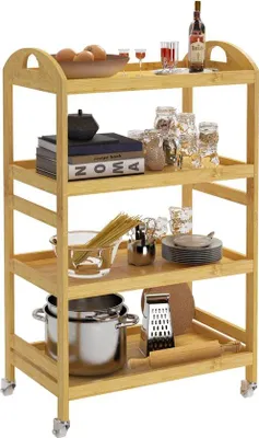 Produktbild von Serviertrolley Holz mit 3 Ablagen, erhöhten Rändern, Rollen, 53x30,5x80 cm