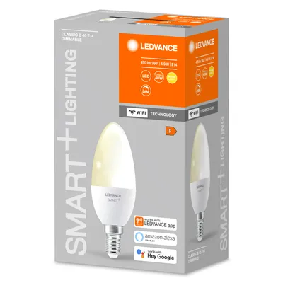 The image shows the packaging of a LEDVANCE SMART+ WiFi Candle light bulb.
