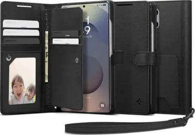 A black wallet-style phone case with a Samsung Galaxy S25 Ultra phone inside, showing cards and a photo.