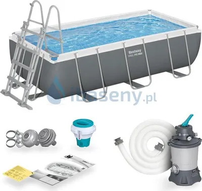 A rectangular swimming pool with accessories displayed below it.