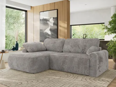 Produktbild von MKS MEBLE Ecksofa CUBO L-form, lose Kissen, Ecksofa 273x187x100 cm mit Schlaffunktion, Bettkasten - Hellgrau Cord - Links Seite