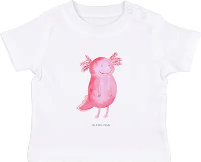 Produktbild von Mr. & Mrs. Panda Babyshirt Axolotl Glücklich 6. - 12. Monat - Weiß - Geschenk, Lurch,  T-Shirt, Lebensfroh, gut Gelaunt, Baby Shirt, Jerseyshirt, Kleinkind, Kinder