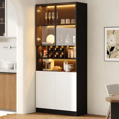 Produktbild von LED-Beleuchteter Glasvitrinenschrank 80x30x180 cm, Küchenhochschrank mit gehärtetem Glas, offenen Regalen und Flaschenhalter, Schwarz